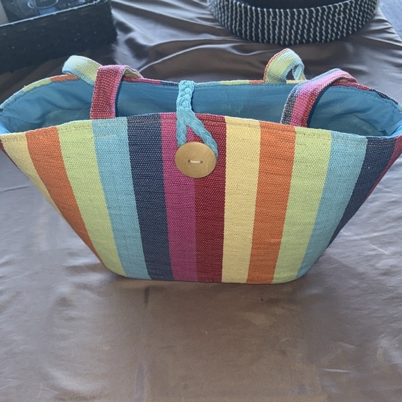 Colorful Rainbow Candy Stripe Bucket Tote Bag Woven Cotton Wood Button Accent - Picture 11 of 11